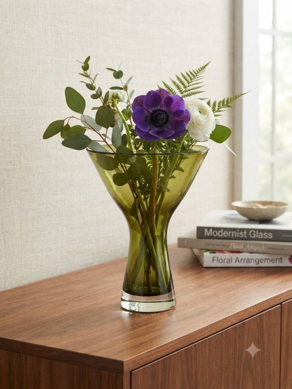 Vintage Mid-Century Aseda Swedish Olive Green Glass Hourglass Vase Flared Top